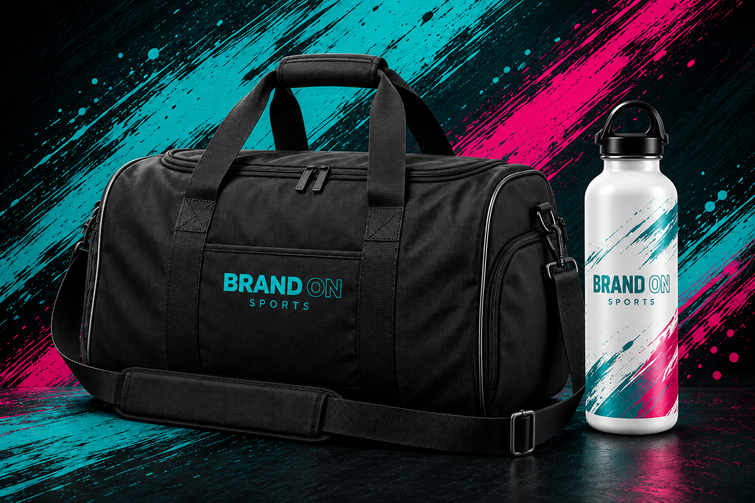 BrandON Sports duffel bag and white water bottle with teal and pink graphics