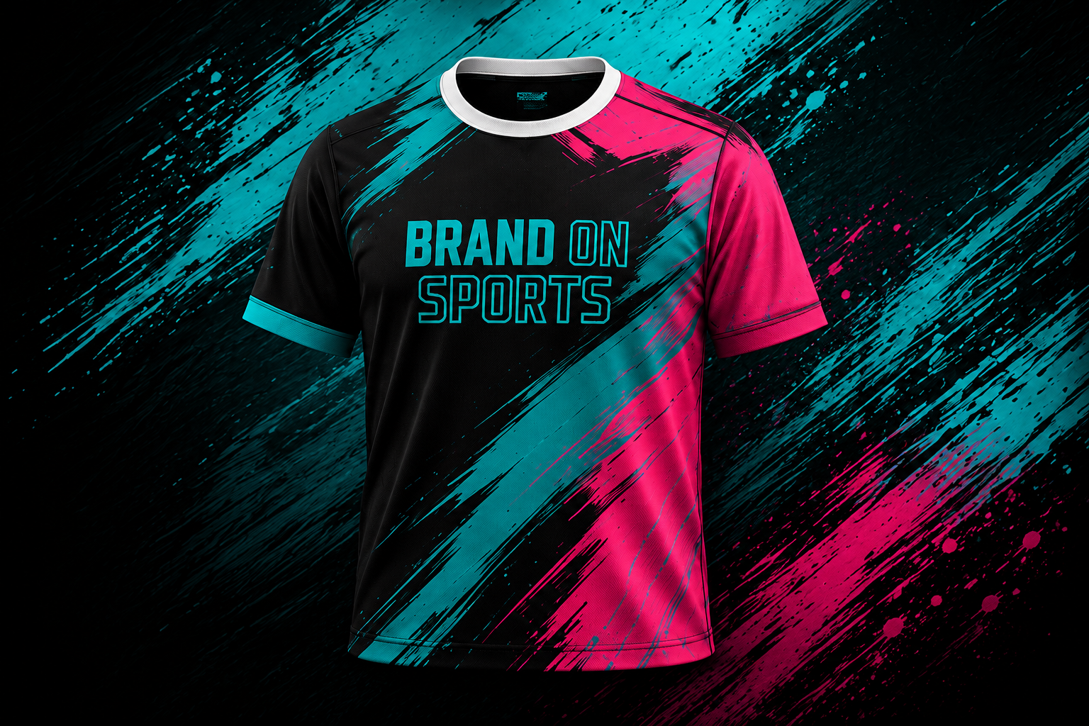BrandON Sports jersey with teal and pink brush-stroke graphics