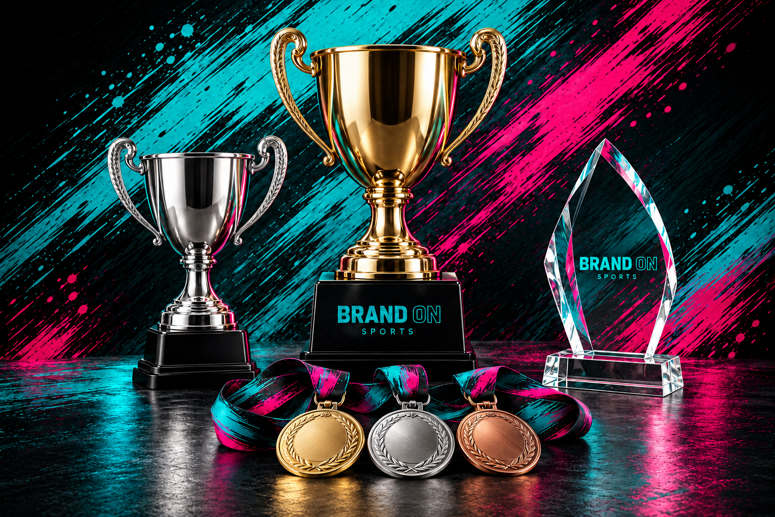 Gold and silver trophies, a branded glass award and medals